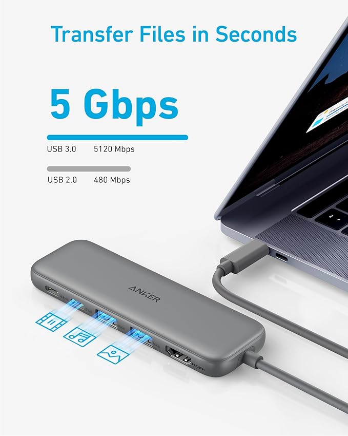 Anker USB C Hub, 5-in-1 USBC to HDMI Splitter with 4K Display, 1 x Powered USB-C 5Gbps & 2×Powered USB-A 3.0 5Gbps Data Ports for MacBook Pro, MacBook Air, Dell and More (Grey)