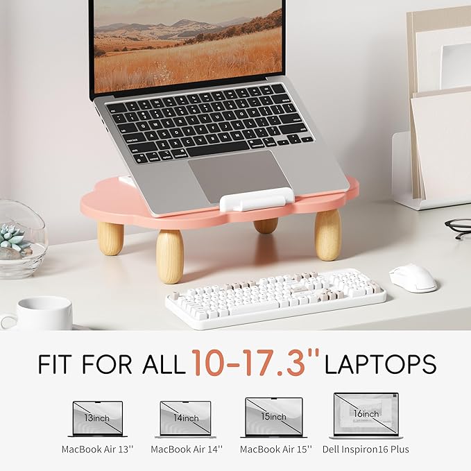 AFOOYO Adjustable Wood Laptop Stand, Ergonomic Height Angles Computer Stand, Cloud-Shaped Holder Riser Notebook Stand for Desk Compatible with Air, Pro, Dell, HP, Lenovo More 10-17.3" Laptops, Pink