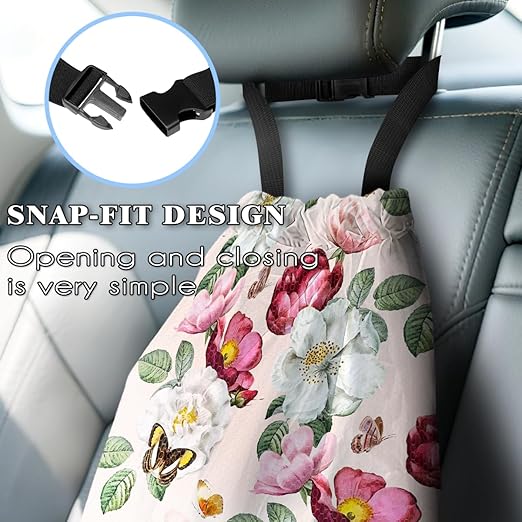 Car Trash Bag Hanging Back of Seat with Adjustable Snap Buckle Strap Cute Printed Drawstring Garbage Bags for Car-Pink Floral