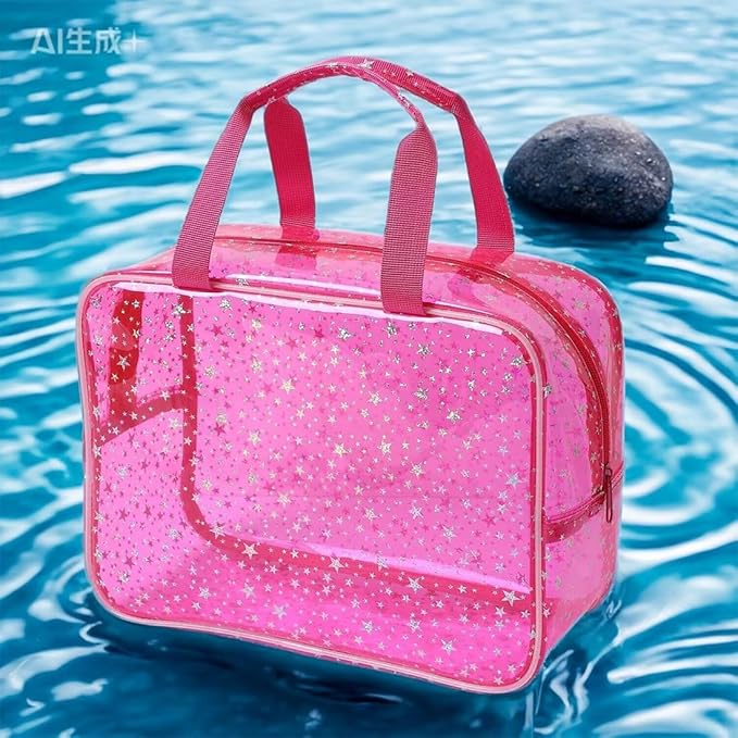 SxoSyo Clear Makeup Bags Large Toiletry Bag for Women Transparent Cosmetic Bag with Handle Travel Essential Bathroom Organizer (Pink Star)