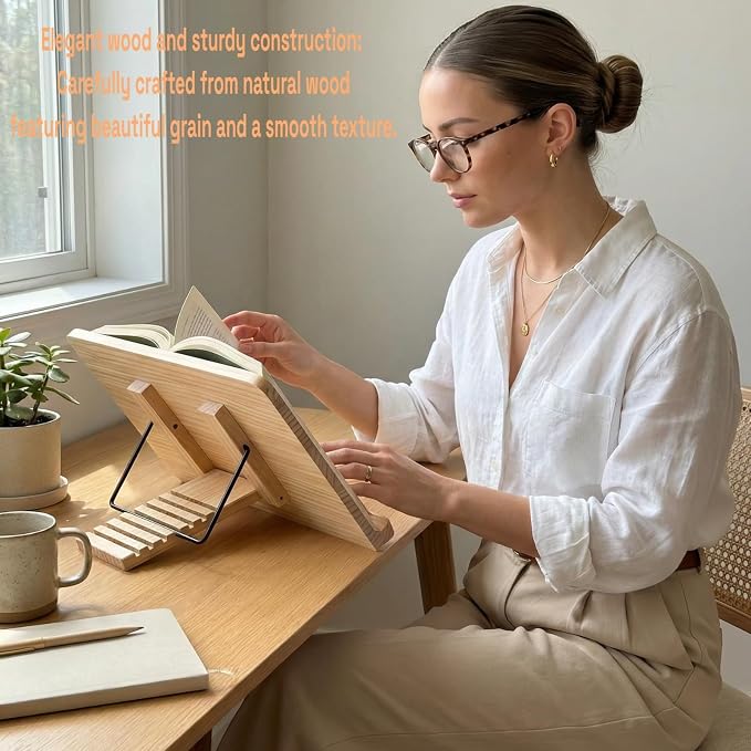 Adjustable Wooden Book Stand 8 Height Levels, Ergonomic Reading Holder for Cookbook Textbook, Foldable Desktop Book Stand with Page Paper Clips, Portable Hands-Free Stand for Kitchen Office