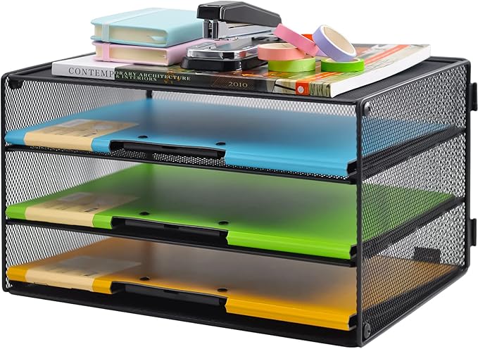 COSYAWN 3 Tier Mesh Desk Paper Tray Organizer, File Organization for Letter Document, Desktop Mail Storage Holder for Office Home School, Black