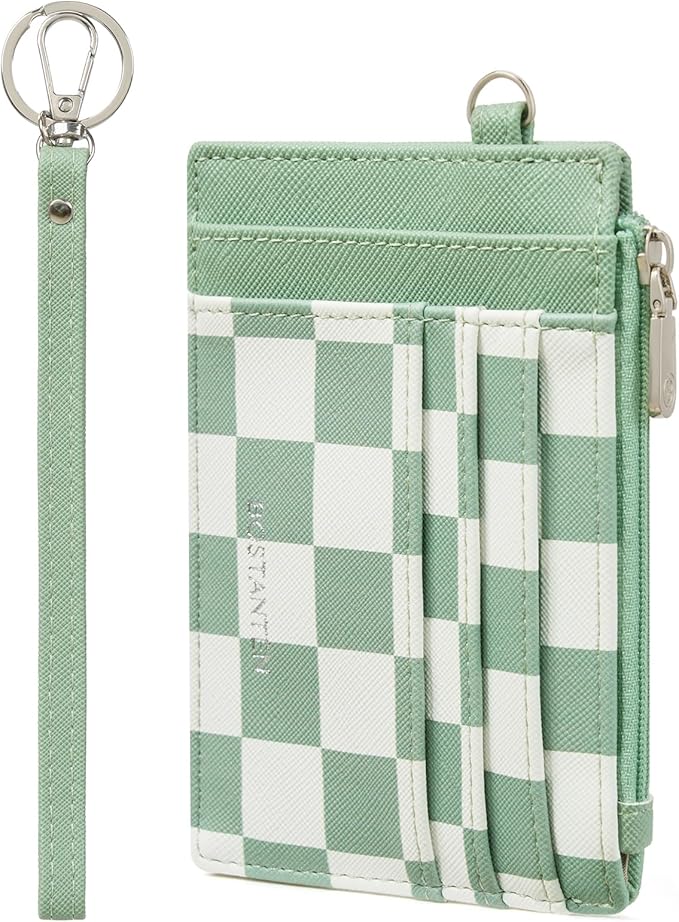 BOSTANTEN Small Wallet For Women RFID Leather Credit Card Holder Slim Wristlet Keychain Wallet With Zipper Pocket, Mint Green Checkered