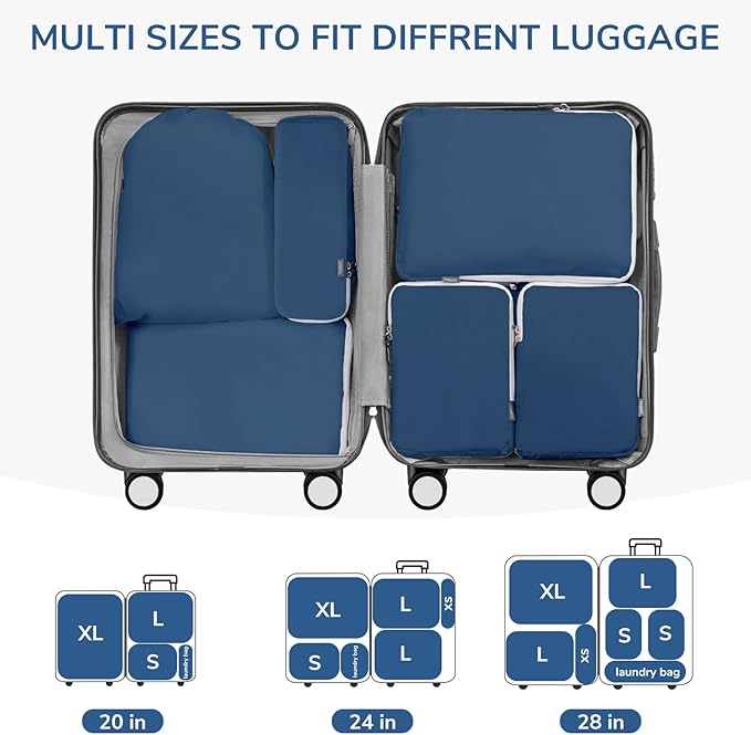 CherryNow Compression Packing Cubes, 7 Set Packing Cubes for Carry On, Travel Essentials for Men, Luggage Organizer Bags, Deep Blue
