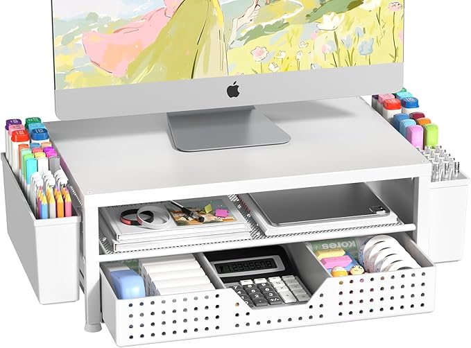 Wood Metal Monitor Stand Riser, Laptop Stand for Desk, Office Desk Organizer and Accessories, Computer Desktop Shelf with Drawer and Pen Holder, Printer Stand for Home, Office, Dorm (White Wood)