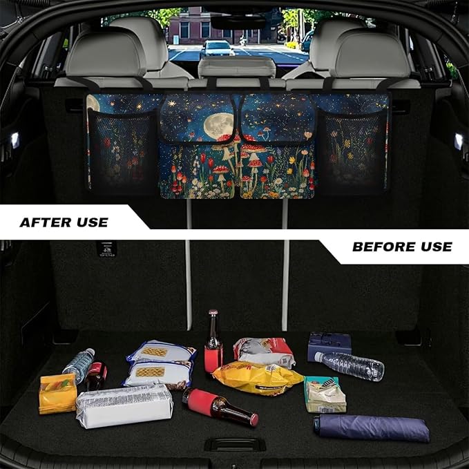 Floral Moon Mushroo Trunk Organizer For Car, Suv, Truck Adjustable Multi Pocket Collapsible Car Trunk Organizer Backseat Cargo Storage Bag With Securing Straps