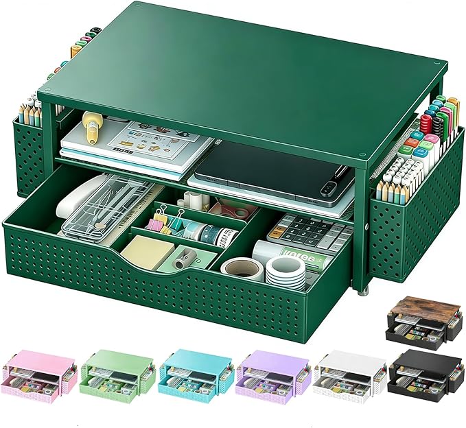 Spacrea Desk Organizer and Accessories, Computer Monitor Stand Riser with Drawer and 2 Pen Holders, Office Desk Accessories & Workspace Organizers for Office Supplies (Dark Green)