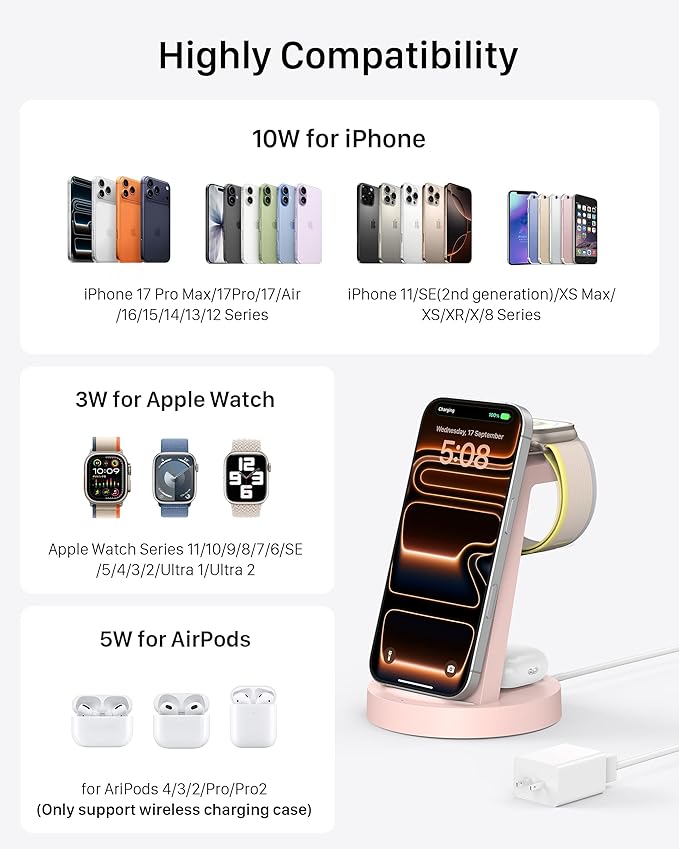 Anlmz 3 in 1 Charging Station for iPhone, Wireless Charger for iPhone 17 16e 16 15 14 13 12 11 X Pro Max & Apple Watch - Charging Stand Dock for AirPods (Pink)