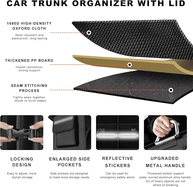 Car Trunk Organizer, 52L Collapsible Car Storage Waterproof Trunk Organizer with Lid & Handle, Multi Compartment Oxford Cargo Groceries Storage for Trucks SUVs Sedans