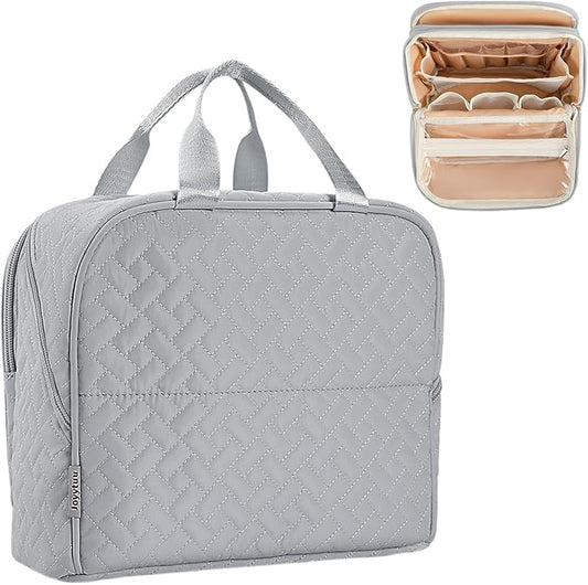 Makeup Bag, Stand up Large Capacity with Room for Brushes and Mirror, Travel Makeup Organizer, Portable Standing Make Up Case, Waterproof Cosmetic Toiletry Bags with Handle, Color Grey