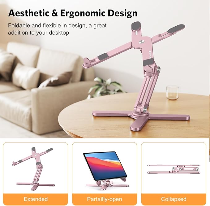 OMOTON 360° Rotating Laptop Stand Riser for Desk, Ergonomic Foldable Computer Stand Adjustable Height Angles for Collaborative Work, Easy Storage Fit Macbooks,All Laptops up to 16 inches, Pink