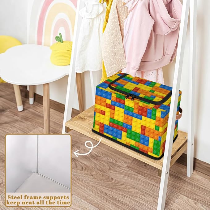 Storage Bins With Zipper Lid, Collapsible Trunk Organizer, Car Organizers and Storage Bins with Lids, Decorative Storage Boxes with Handle, Home Storage Baskets (Colorful Building Blocks)