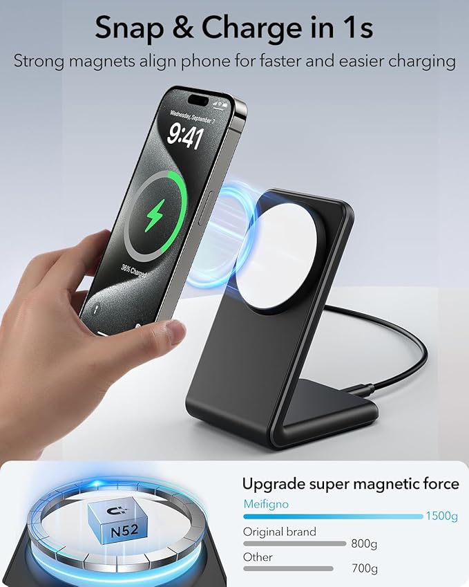 2 Pack Meifigno for MagSafe-Compatible Charger Stand with [20W USB C Charger Block & USB C Cable x2], Fast Charging Wireless Charger for iPhone 15 Pro Max/15 Pro/14 13 12 Series, AirPods 3/Pro, Black