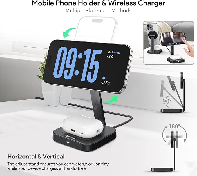 Esoulk 2 in 1 Magnetic Wireless Charging Station, Foldable Charger Stand for iPhone 17/16/15/14, AirPods Charging Pad, Travel Compact 15W Fast Wireless Charger