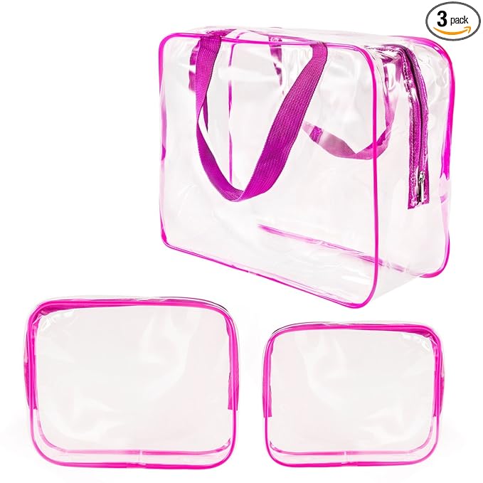 3Pcs Crystal Clear PVC Travel Toiletry Bag Kit for Women Men, Waterproof Vinyl Organizer Clear Makeup Bags with Zipper Handle Straps, Cosmetic Bag Pouch Carry on Airport Airline Compliant Bag Handbag