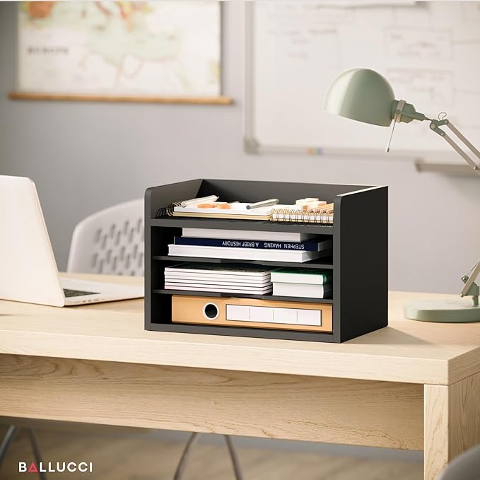 Ballucci File Organizer, 4-Tier Office Desk Organizer, Open Top Wood Paper Organizer for Classroom, Desktop Mail Sorter Paper Tray, Black
