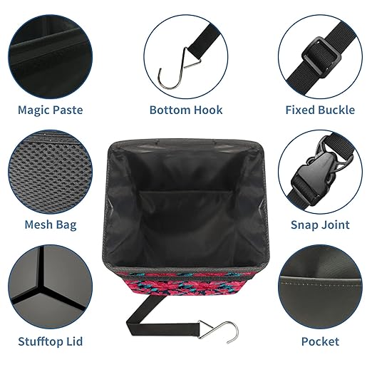 Car Trash Can With Lid - Red Flower Auto Garbage Bag, Leak-Proof Storage Bag, Hanging Headrest Bin, Collapsible and Portable With Storage Mesh Pocket