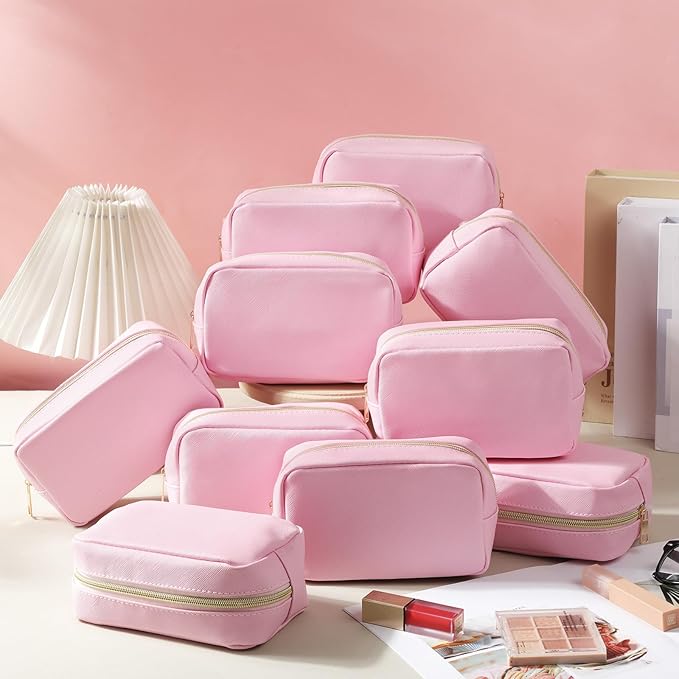 Sweetude 10 Pcs Makeup Bag Bulk for Women Preppy Gift PU Leather Cosmetic Bag Small Skincare Toiletry Pouch Mother Travel Cosmetic Pouch for Bridesmaid Bride Wedding Gift Favors (Colored Powder)