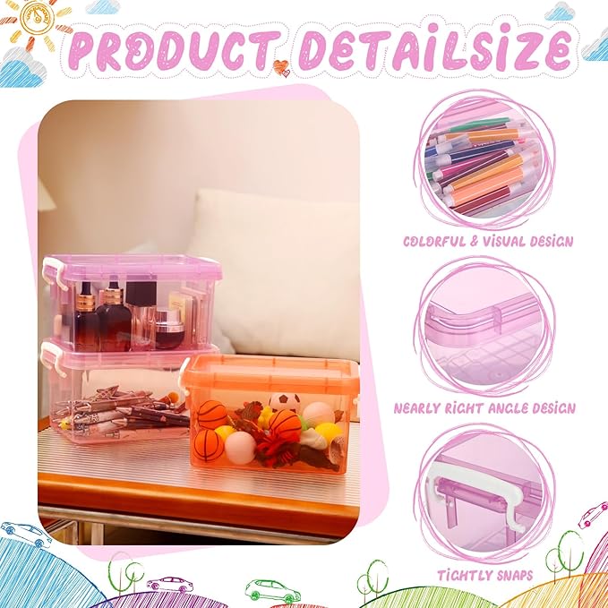 Wenqik 6 Pack Colorful Plastic Storage Bins with Lids 4 Quart Small Storage Latch Box Stackable and Nestable Clear Organizer Bins with Latching Handle and Buckle for Organizing(Sweet Color)
