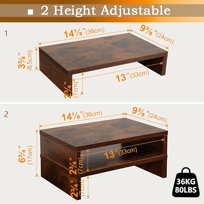 TEAMIX 2 Pack and 2 Drawers Rustic Brown Wood Monitor Stand Riser for 2 Monitors/Laptop/PC, Wood Screen/TV Stand Desk Organizer.