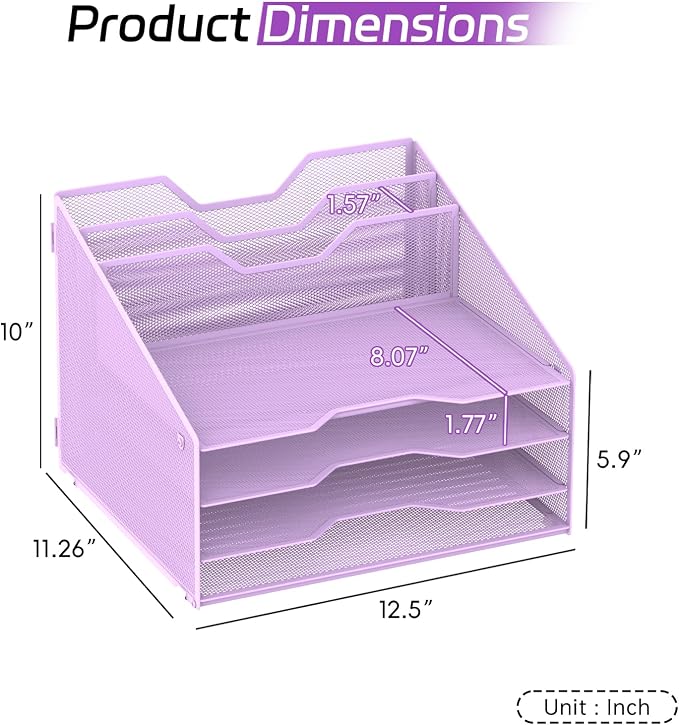 Desk File Organizer, 4 Letter Trays and 2 Upright Sections, Purple | Paper organizer for desk with tiered letter trays and upright file sections for home office, school and workspace use