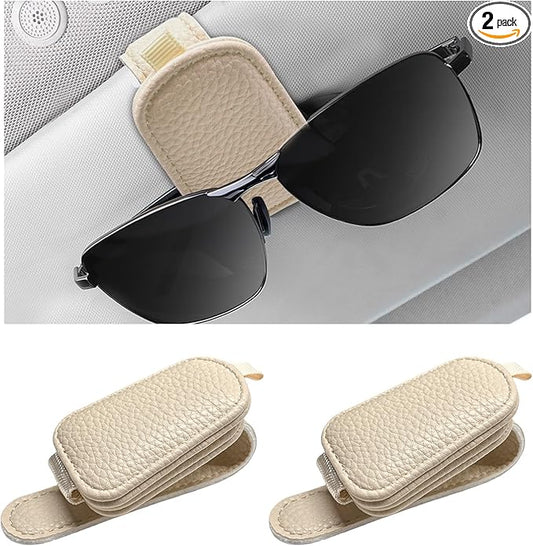 2 PCS Sunglasses Holders for Car Visor, Magnetic Leather Eyeglasses Hanger Mounter Ticket Card Clip, Auto Sun Visor Glasses Holder Business Card Organizer for Men Women (Beige)