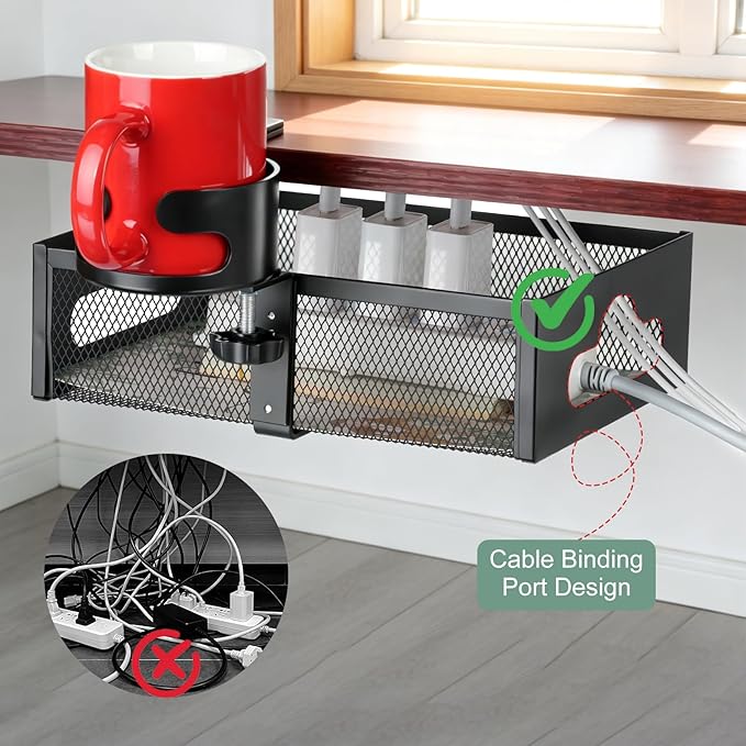 MYITYARD Desk Cup Holder Clamp, Anti-Spill Clip On Table Cup Holder with Rotation Drawer Organizer, Under Desk Storage Box Drink Holder for Desk Attachment, Gaming Desk Accessories for Office Home