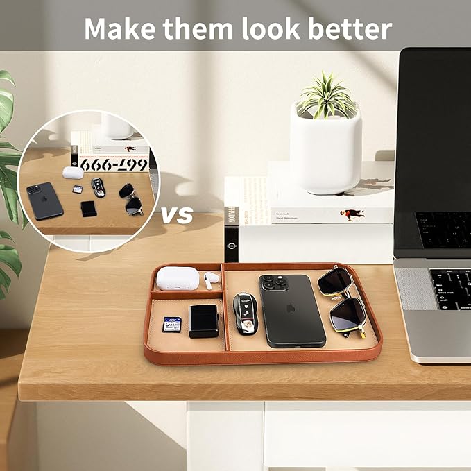 SENEN Leather Tray, Stylish and Organized Multifunctional Tray, for Table Entryway, Premium PU Leather, Catchall Tray for Keys, Watch, Wallet, Jewelry, and More (Brown Frame)