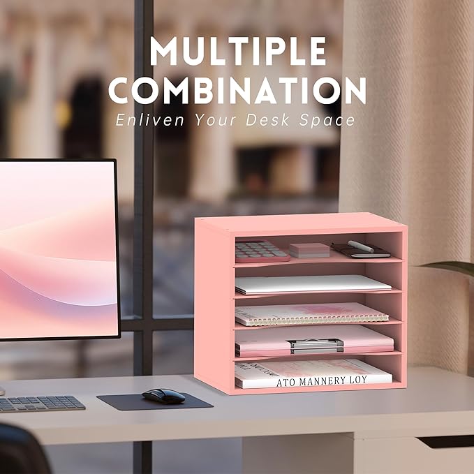 SUPEASY Wood Desk Organizer, 5 Tier Paper File Organizer for Desk, Wooden Desktop Organizer, Paper Letter Literature Mail Sorter, for Office School & Home Organization, Pink