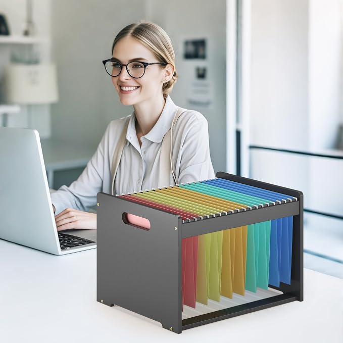 Hanging File Organizer Box for Letter Size, 2 Pack Bamboo File Folder Organizer, Storage Moving Boxes with Handle Wood Desk Filing Box for Office Banker Document