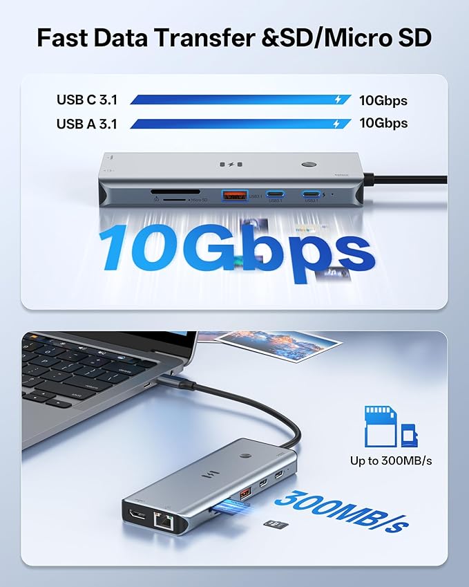 USB C Docking Station 3 HDMI, Selore 13-in-1 Docking Station 3 Monitors with Triple HDMI, 10Gbps USB A/C 3.1, 100W PD Charging, Gigabit Ethernet, SD/microSD Card Reader for Dell/HP/Lenovo Laptops