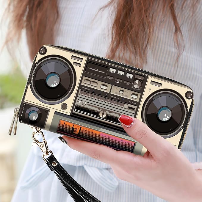 Women's Large Capacity Wallet PU Leather Double Zipper Clutch Purse Multifunctional Wallet with Removable Wristlet Strap for Smart Phone/Coin/Card/Cash - Retro Radio