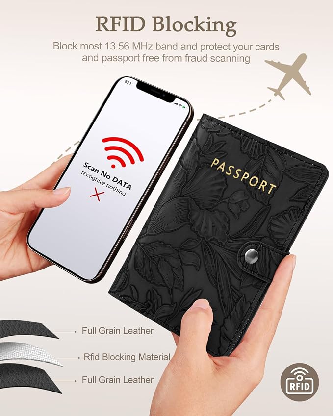 Slohif Floral Embossed Passport Wallet - Elegant Passport Wallet with AirTag Holder & RFID Blocking Slim Vegan Leather Passport Cover with Money Pocket and Card Slots Matte Black
