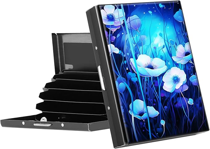 RFID Blocking Credit Card Holder - Slim Metal Wallet for Women & Men,Purple Flowers Design Stainless Steel Business Card Case,Compact Pocket Organizer for Travel & Daily Use