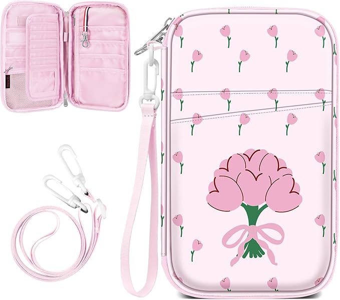 FINTIE Family Passport Holder for Travel, 6 People Big Capacity RFID Blocking Travel Document Organizer Clutch Bag with Pen Holder Keychain Credit Cards Case Cover for Women Men, Tulip