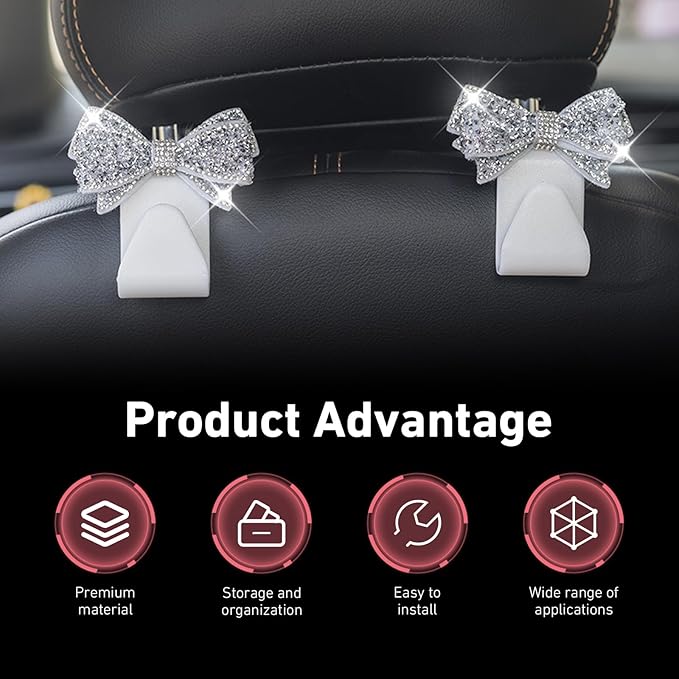 2 PCS Car Headrest Hooks, Cute Bowknot Auto Seat Back Hangers for Purses Bags Coats, Bling Rhinestone Interior Storage Organizer Hooks, Universal for Cars SUVs Trucks (White)