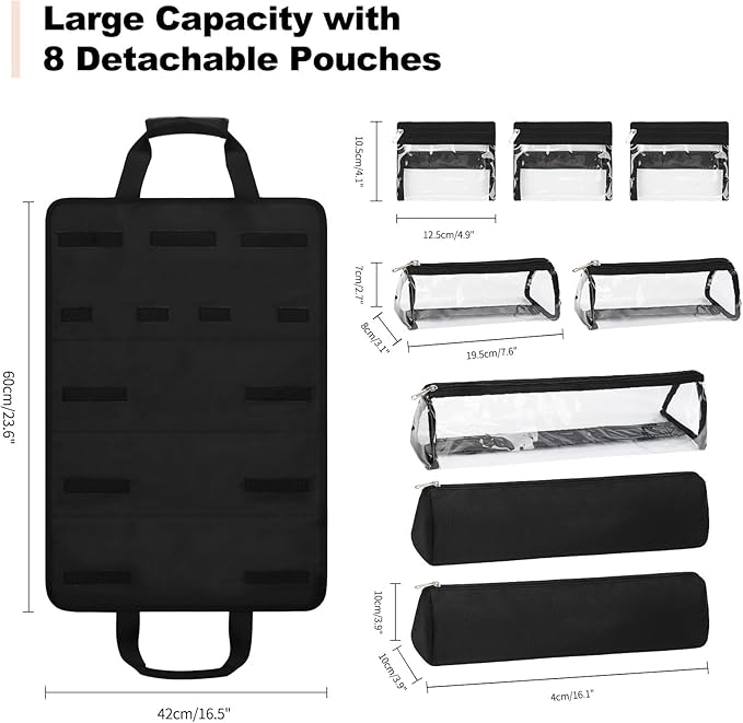 Hair Tools Travel Bag, Roll Up Tool Bag Organizer for Hair Stuff, Hairstylist Traveling Bag with 8 Detachable Zipper Pouch, Professional Cosmetology Bag for Hairdresser Barber, Heat Resistant Lining