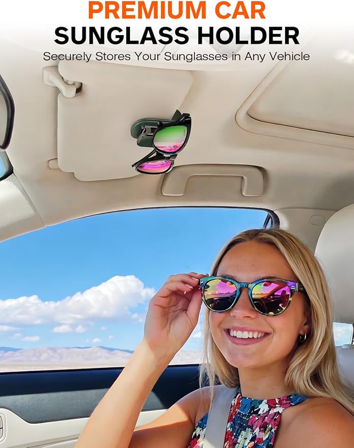 Sunglass Holder for Car Visor, One-Handed Operation Leather Sunglasses Clip with Soft Padding, Auto-Clamping Eyeglasses Organizer for Sun Visor, Universal Car Accessories (Green)