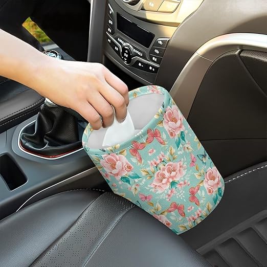 Pink Roses Butterflies Car Trash Bin Folding Vehicle Garbage Small Mini Front Back Seat Rubbish Basket with Strap Travel Garbage Organizer Bag Accessories, Keep Tidy Pink