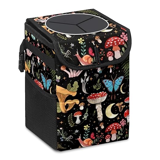 Car Trash Can with Lid Vintage Mushroom Ferns Floral Collapsible Reusable Leak-Proof Auto Garage Bag,Hanging Vehicle Car Accessories Interior Car Organizer