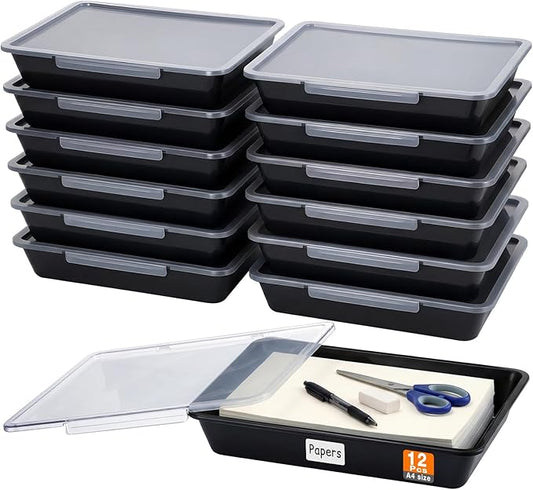 Tinlade 12 Pcs Classroom Paper Storage Bins with Clear Latching Lids Labels, Letter Size Stackable Flat Trays Container Paper Organizer for Teacher Back to School Office Arts Crafts (Black,13x10in)