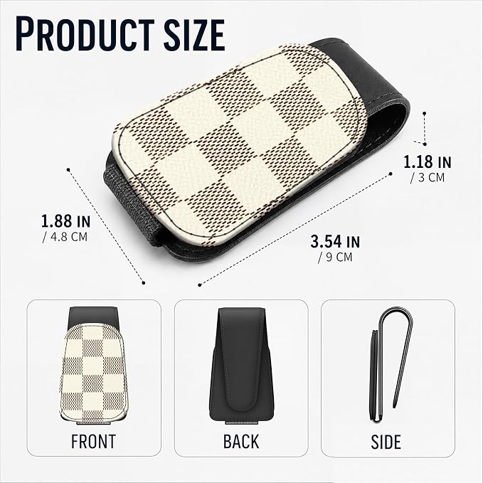 Leather Magnetic Sunglass Holder for Car Sun Visor, Cute Eyeglass Ticket Card Hanger Clip, Universal Auto Interior Accessories for SUV Pickup Truck, Beige Checkered