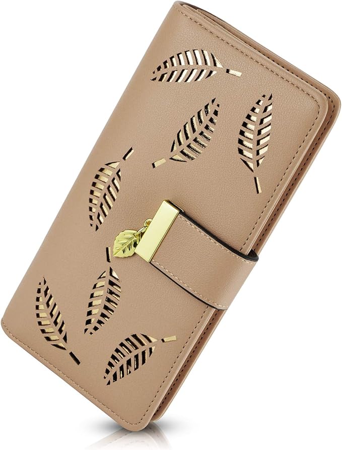 PGXT Women's Wallet Women Credit Card Holder Hollow Leaf Pattern Bifold Leather Lady Long Wallet Purse Zip Birthday Xmas Gifts for Women Girls(Khaki)