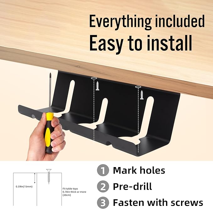 Under Desk Cable Management Tray, Large Metal Cable Organizer for Easy Access, Home Office Screw Mount Desk Cord Organizer and Accessories Storage Rack Shelf, Computer Power Strip Holder, Black 2 Set