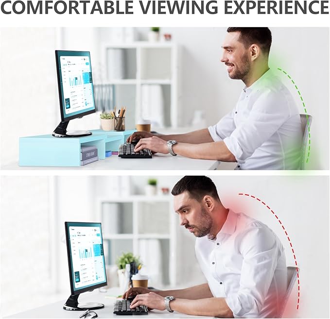 TAVR Dual Monitor Stand Riser Office Desktop Organizer Stand for 2 Monitors, Adjustable Length and Angle 3 Shelf, Extra Long Multifunctional Stand up to 43.3" fit Computer, Laptop, TV, Blue