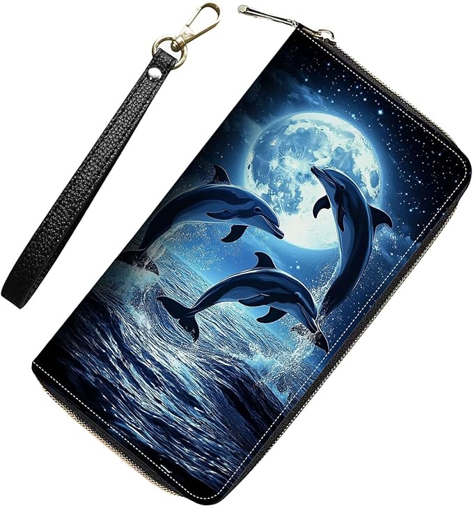 Womens Wallet,RFID Blocking Large Capacity Clutch,Zip Around Leather Purse with 8 Card Slots,Bill Compartments Coin Pocket - Cute Dolphin