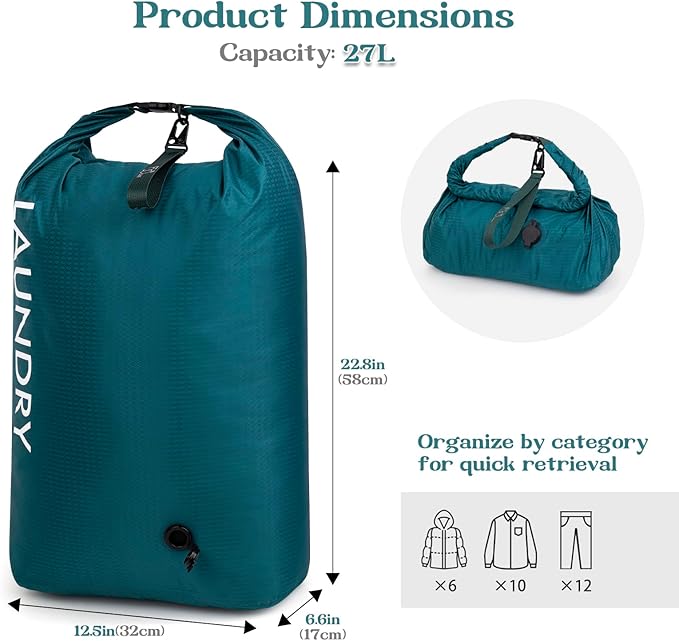 Travel Laundry Bag, Vacuum Compression Dirty Clothes Travel Bag, Waterproof Wet/Dry Space-Saving Laundry Storage Organizer, Smell Proof Storage Bag for Clothing, Swimming, Yoga, Gym, Camping