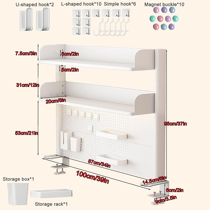 Desktop Bookshelf, Desk Extender Pegboard Workstation, 2 Tier Small Desk Extension Shelving Unit, Multipurpose Desktop Hutch Storage Organizer for Dorm Office Home(White,100x20x95cm/39x8x37in)