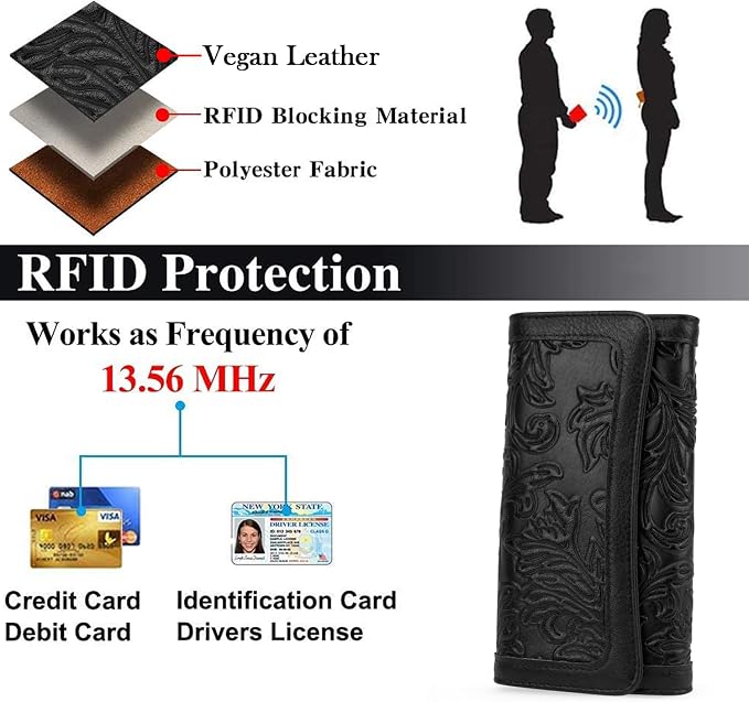 MEITRUE Women's Wallet Leather RFID Blocking Trifold Ladies Purse Embossed long Clutch Card Holder Phone Checkbook Organizer