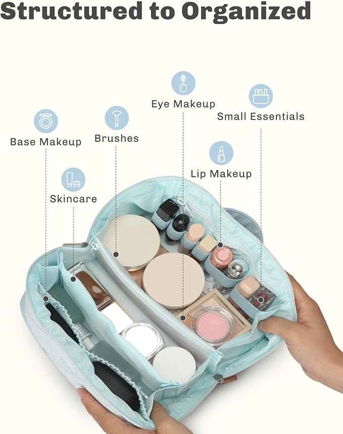 Hynes Eagle Travel Makeup Bag for Women Puffy Cosmetic Organizer Pouch Open Flat Toiletry Bag for Toiletries Brushes Structured Base Light Blue